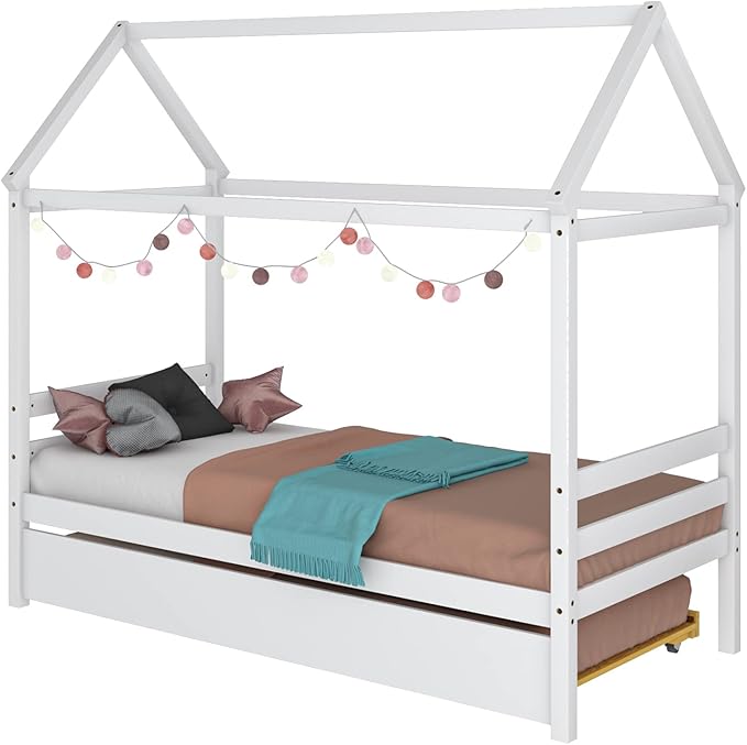 Giantex House Bed with Trundle, Solid Wood Twin Size Daybed for Girls & Boys, Kids Platform Bed Frame with Roof for Bedroom, No Box Spring Needed, White