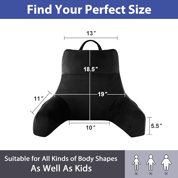 IPYNBAP Back Pillow for Bed Sitting up, Reading Pillow for Sitting in Bed Adult, Back Support Pillow, Memory Foam Sit up Lounge Backrest Pillow with Arms for TV, Couch, Chair, Dorm, 18 Inch, Black