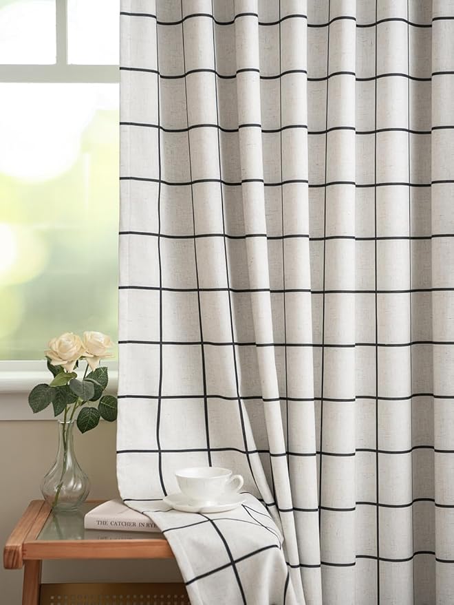 Plaid Pinch Pleated Curtains - Modern Luxury Linen Buffalo Blackout Drapes, Thermal Insulated Double Layer Window Panels for Living Room Bedroom, 120 Inches Long Black 2 Panels Set