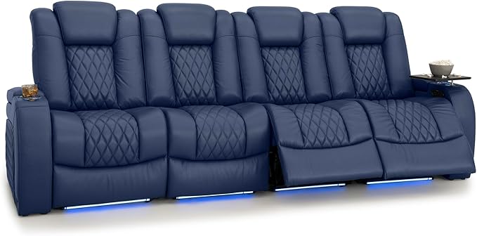 Seatcraft Diamante Zero-Gravity CoolZero Italian Leather Home Theater Seating, Power Headrest, Power Recline, Row of 4 Sofa, Navy Blue