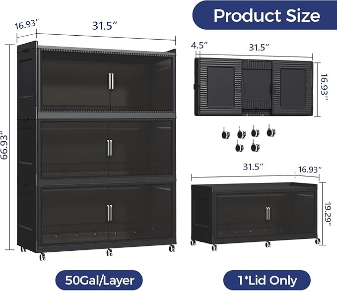 150GAL Extra Large Storage Bins with Lid, 600QT Collapsible Organizer with Wheels, Stackable Closet Cabinet with Doors, Folding Storage Containers for Home, Office, Kitchen, 3Pack Black