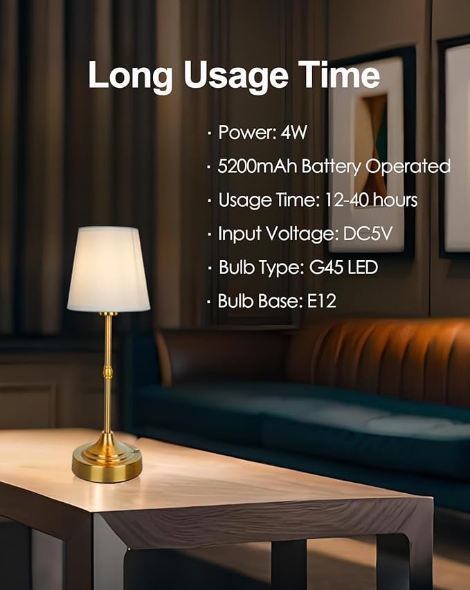 Cordless Table Lamp, Rechargeable Table Lamp with Touch Dimmable Control, Portable LED Desk Lamp for Indoor Patio (Gold, 1)