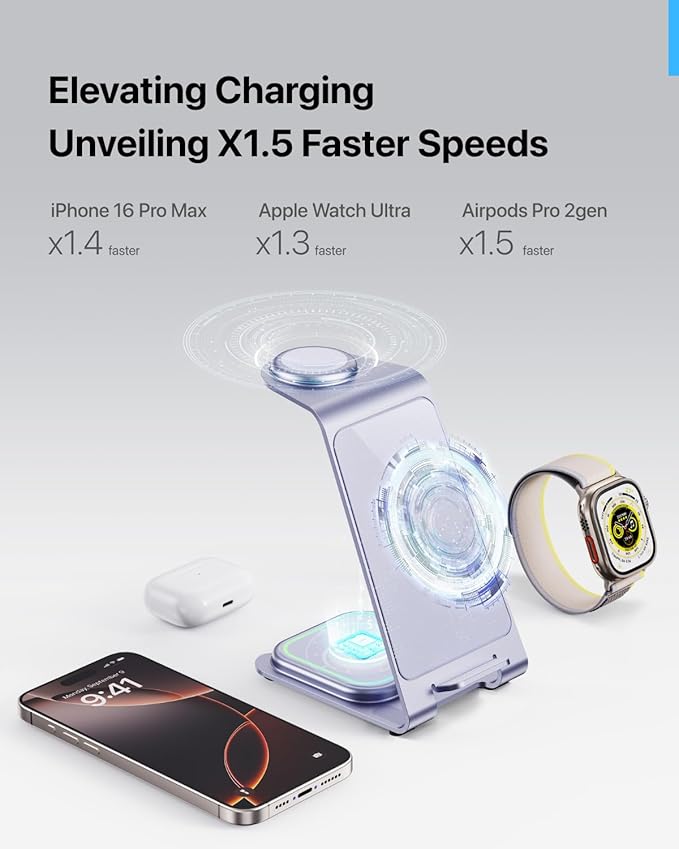 Intoval Aluminum 3 in 1 Wireless Charging Station for iPhone 17 16 15 14 13 12 11 Pro Max XR, Wireless Charger for Apple Watch 11 10 9 8 7 Ultra SE 3 2, Phone Charger for AirPods 4 Pro 2 3 (Lavender)