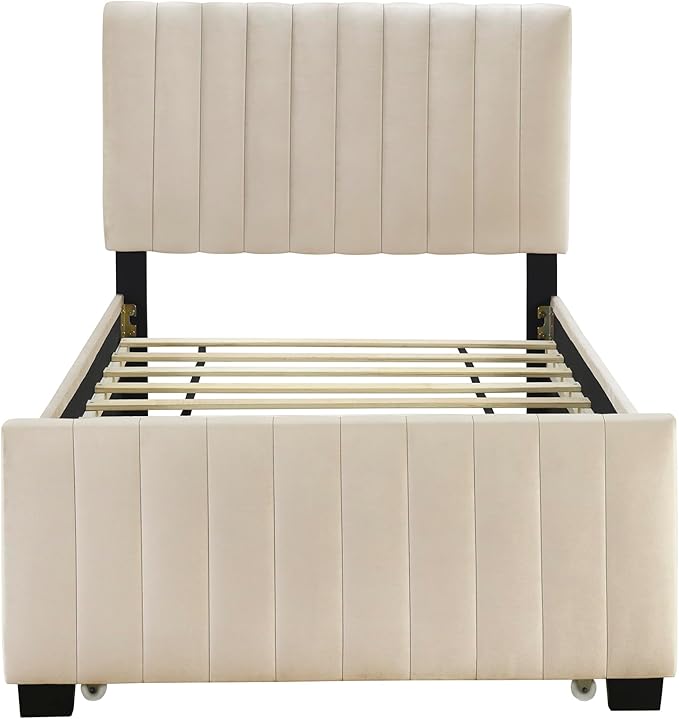 Twin Size Bed Frame with Trundle Bed,Velvet Upholstered Bed Frame,Twin Size Trundle Bed with Headboard,Upholstered Platform Bed Twin for Kids Teens Adults(Beige)