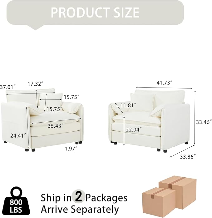 KEIKI Oversized Accent Chair Set of 2, Comfy Chenille Upholstered Armchairs with Side Storage Pockets, Deep Seat Reading Chairs for Living Room, Bedroom, Apartment, Beige