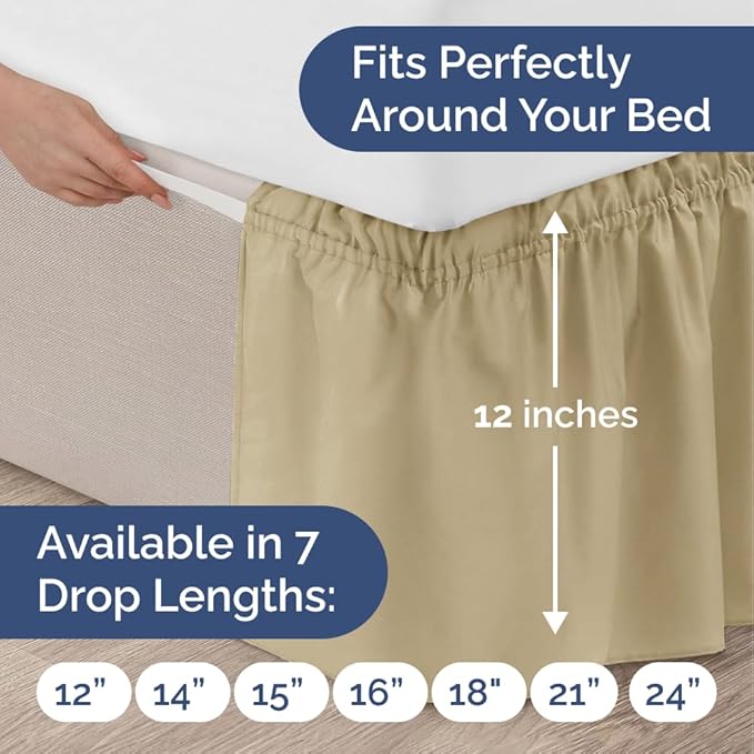Wrap Around Dust Ruffle Bed Skirt - Beige - for Queen Size Beds with 12 Inch Drop - Easy Fit Elastic Strap - Adjustable Pleated Bedskirt w/Brushed Fabric - Wrinkle Free - for Women, Men, Kids & Teens