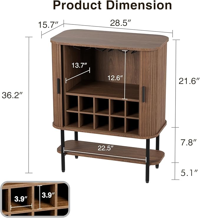 Coffee Bar Cabinet with Storage, Fluted Wine Cabinet with Sliding Doors, Glass Holder and Wine Rack, Buffet Sideboard Liquor Cabinet for Kitchen, Dining Room, Living Room, Walnut