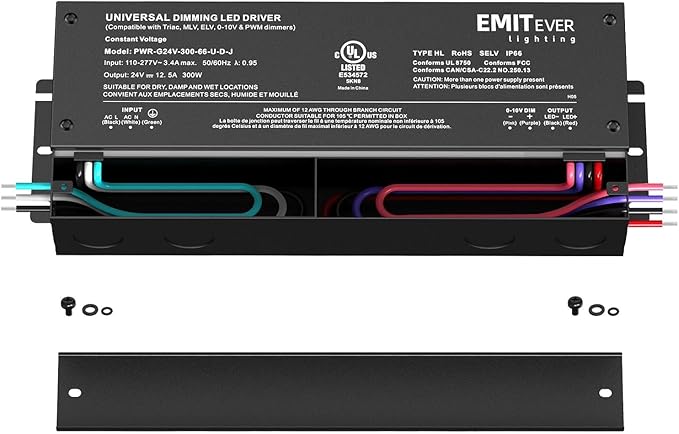 EMITEVER Dimmable Led Driver, 2 Packs 300W AC 110V-277V to DC 24V Transformer, 5-in-1 Dimming: ELV/MLV/TRIAC / 0-10V / 1-10V / 10V PWM/Potentiometer, Waterproof IP67 and UL Listed