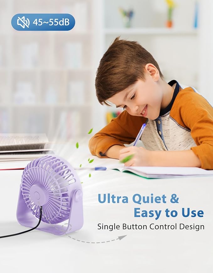 TriPole USB Desk Fan Portable Mini Fan Powerful 3 Speeds Wind Personal Desktop Fan with 360° Head Rotation for Home Office Car Indoor Outdoor Purple, No Battery, 4.5 Inches