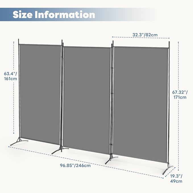 DUMOS 3 Panel Partition Room Divider, 6 Ft Tall Folding Privacy Screen, Freestanding Partition with Steel Frame, Easy Move & Storage, for Home, Office, Bedroom, Grey
