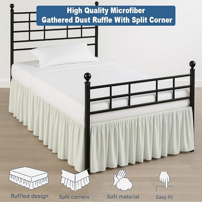 Ruffled Bed Skirt Split Corners with Platform, Tailored Fit Hotel Quality Wrinkle Free Ultra-Soft Microfiber Dust Ruffle, Upto 16 Inch Drop, King, Ivory
