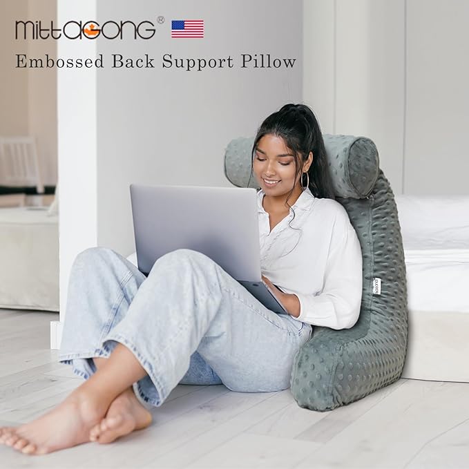 Reading Pillow for Sitting in Bed, Extra Large Backrest Support Cushion with Arms, Sit up Back Pillow Shredded Memory Foam back support Chair Pillow, Bed Rest Pillows with pocket, Detachable Neck Roll
