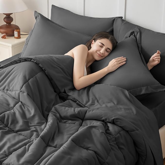 JOLLYVOGUE Oversized Queen Comforter Set, Ultra-Soft Bed in a Bag Oversized Queen Size 7 Pieces, Oeko-TEX Certified Bedding Set with Down Alternative Comforter, Sheets, Pillowcases & Shams, Dark Grey