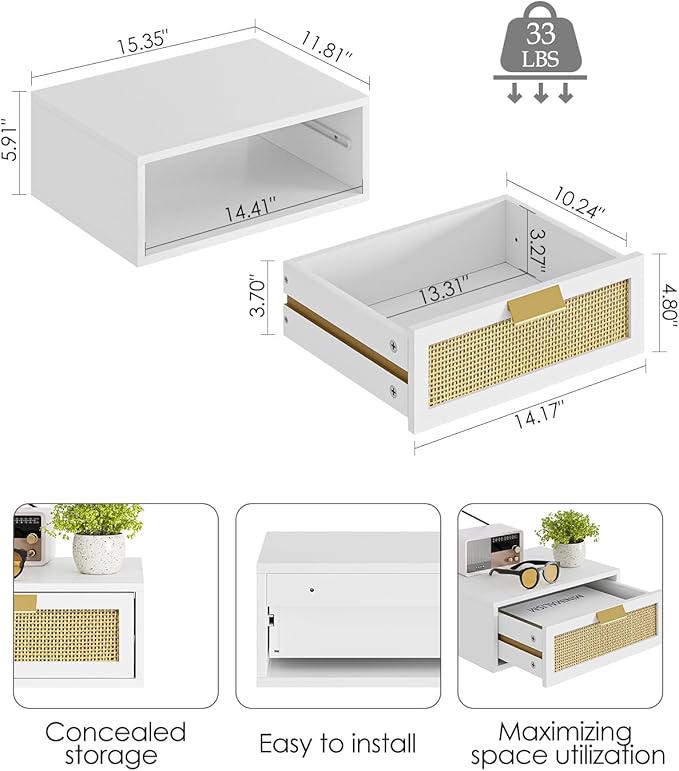 Floating Nightstand, Floating Shelf with Drawer, Wall Mounted Nightstand, Floating Bedside Table (White Rattan)