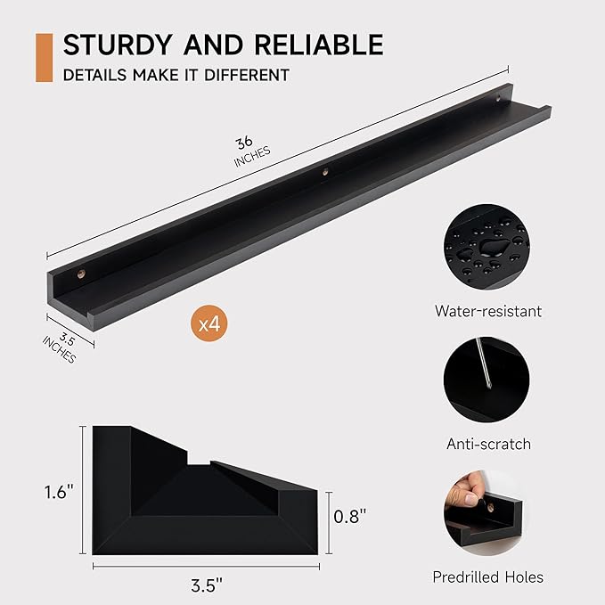 Fun Memories Picture Ledge Shelf for Wall, Floating Shelves Set of 4, 36 Inch Long Nursery Book Shelves for Toys Storage, Kids Bookshelf Wall Mounted for Books Photo Frames, Black