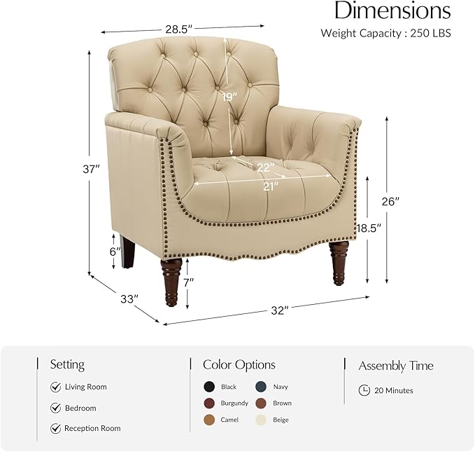 HULALA HOME Mid Century Modern Leather Club Chairs Set of 2, Top-Grain Genuine Leather Armchairs with Button-Tufted Back & Solid Wood Legs, Accent Chairs for Living Room/Bedroom/Home Office, Beige
