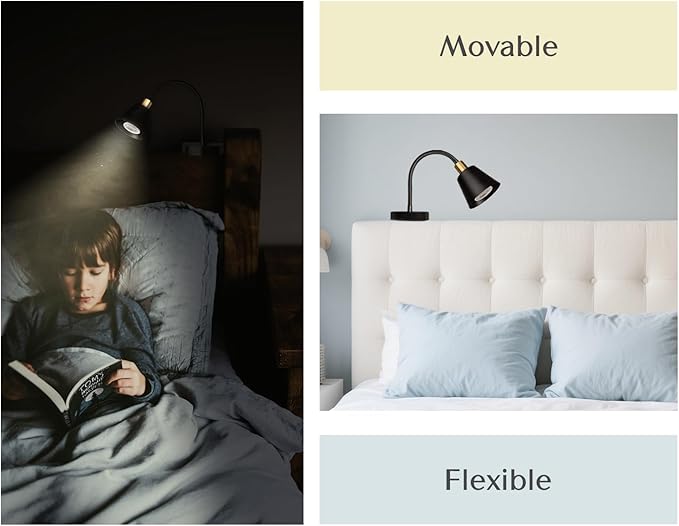 Solfres Patented Innovative Design Headboard Reading Light. No Drilling Golden Book Light for Bedtime Reading. Dimmable LED Book Reading Lamp with Bulb. Movable & Flexible, Black and Golden
