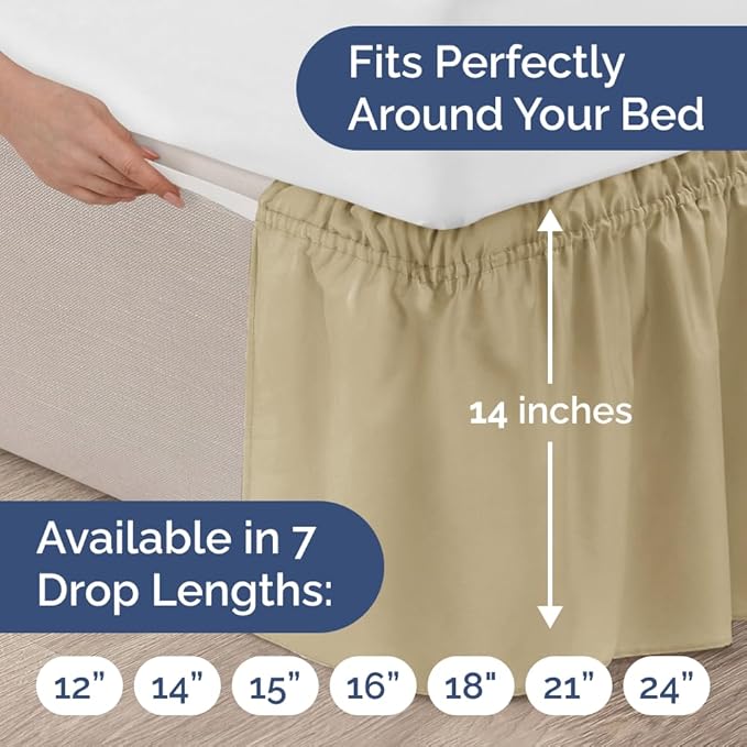 Wrap Around Dust Ruffle Bed Skirt - Beige - for King Size Beds w/ 14 Inch Drop - Easy Fit Elastic Strap - Adjustable Pleated Bedskirt w/Brushed Fabric, Wrinkle & Fade Free Women, Men, Kids & Teens