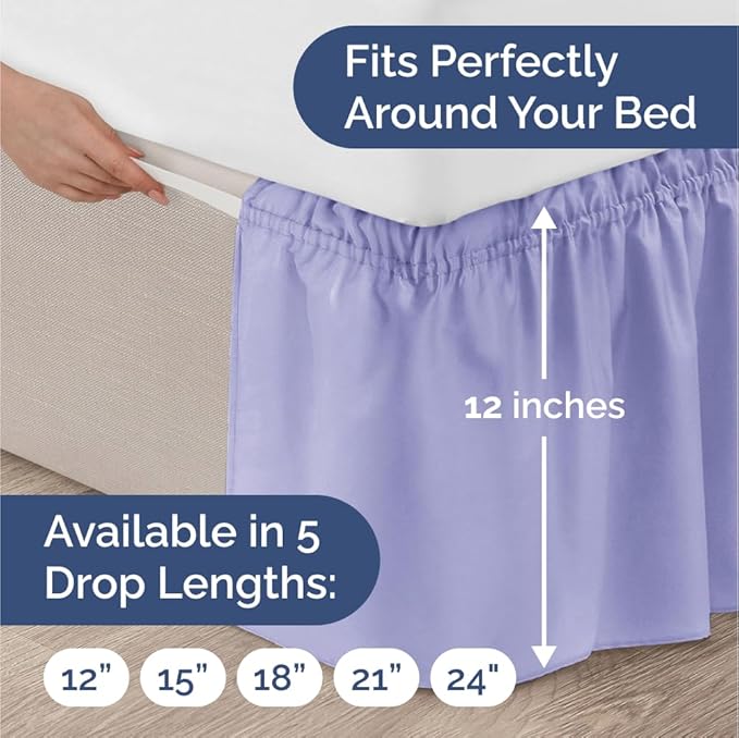 Wrap Around Dust Ruffle Bed Skirt - Lavender - for Full Size Beds with 12 Inch Drop - Easy Fit Elastic Strap - Adjustable Pleated Bedskirt w/Brushed Fabric Wrinkle Free - for Women, Men, Kids & Teens