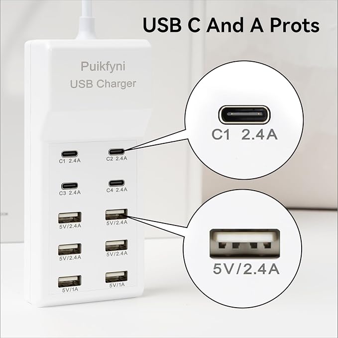 Puikfyni Portable USB C Charging Station,4 -C- Ports, USB Charging hub 10-Ports/USB c Charger Block for Multiple Devices Phones Tablet Smartwatch Headphones Speakers (USB-4C+6A)