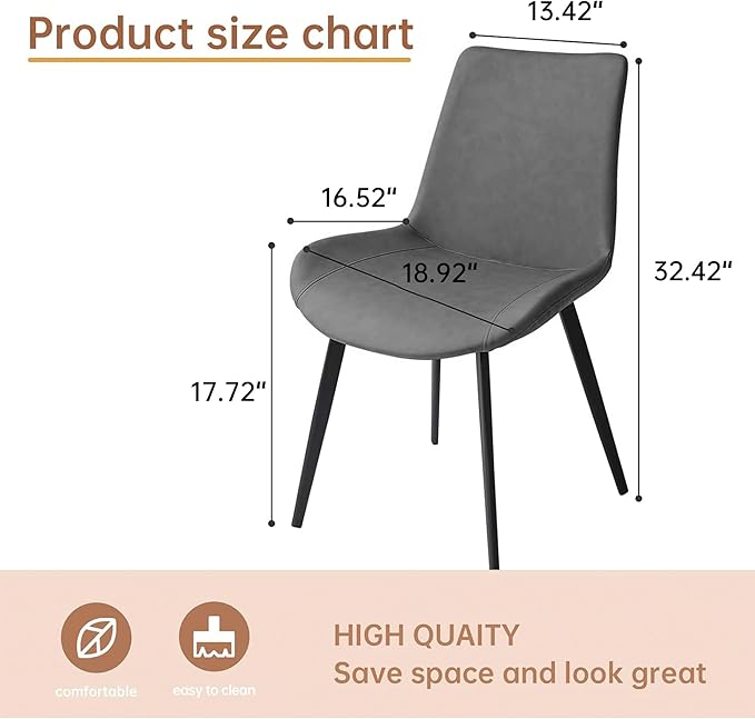 Dining Chairs Set of 2, Modern Kitchen & Dining Room Chairs, Upholstered Faux Leather Cushion Seat and Sturdy Metal Legs (2 Grey Chairs)