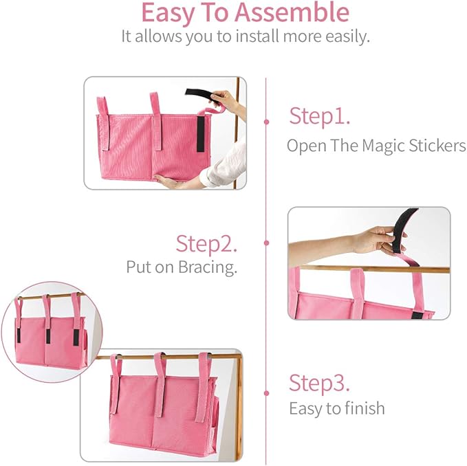 Bseash Bunk Bed Organizer, Bedside Caddy Hanging Bed Organizer Storage Bag 8 Pockets, for College Dorm Rooms Bed, Hospital Bed, Baby Bed Rails, 600D Oxford Cloth (Pink)
