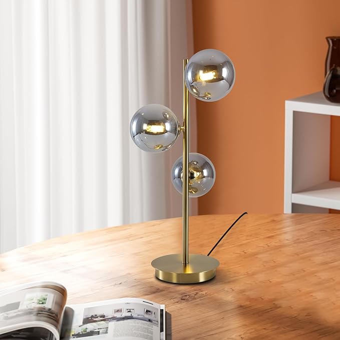 Mid Century Globe Table Lamp, Modern 3 Lights Gold Brass Desk Lamp, Contemporary Smoky Grey Glass Globe Bedside Lamp for Bedroom Living Room Study Room