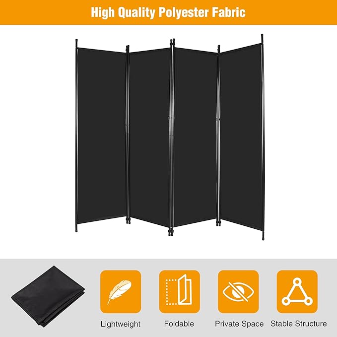 4 Panel Folding Room Divider, 6.7FT Wide Portable Privacy Screen, Room Partition Wall Dividers, Freestanding Partition Room Separation for Bedroom Office Restaurant Hospital, 80" Wx68 H, Black