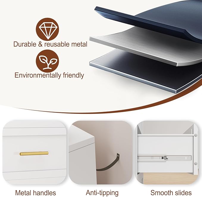 Metal Small Dresser for Bedroom, White Dressers & Chest of Drawers, 3 Drawer Dresser with Curved Corner, Storage Cabinet for Living Room, Entryway, Home Office (White, 24" W)