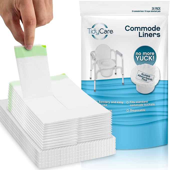 TidyCare Disposable Bedside Commode Liners and Pads for Portable Toilet Chair Seat Bucket and Bedpan | Combo Pack of 24 Waste Bags and 24 Absorbent Pads | Universal Fit