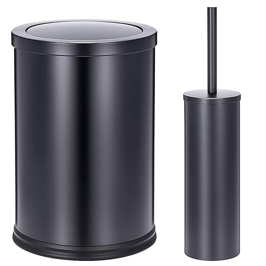 Maxdot 2 Pcs Black Bathroom Trash Can with Flipping Lid 2.4 Gallon/9 L and Toilet Brush Set, Small Stainless Steel Garbage Trash Can Toilet Cleaner Brush Wastebasket Bin for Bathroom Bedroom Office