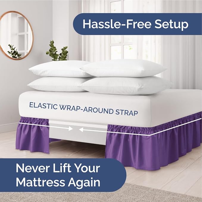 Wrap Around Dust Ruffle Bed Skirt - Purple - Twin/Twin XL Size Beds with 12 Inch Drop - Easy Fit Elastic Strap - Adjustable Pleated Bedskirt w/Brushed Fabric - Wrinkle Free - Women, Men, Kids & Teens