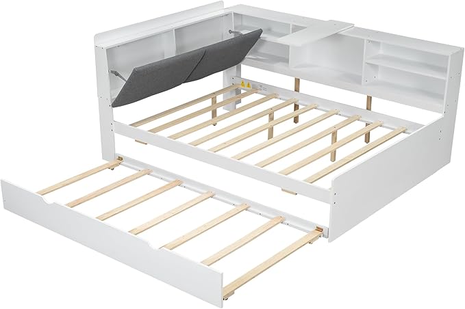 Ball & Cast Full Size Wooden Storage Daybed Frame, Modern Platform Bed with Trundle & Flip Headboard & Shelves, L Shaped Full Floor-Bed w/Upholstered Headboard&Storage, No Box Spring Needed, White