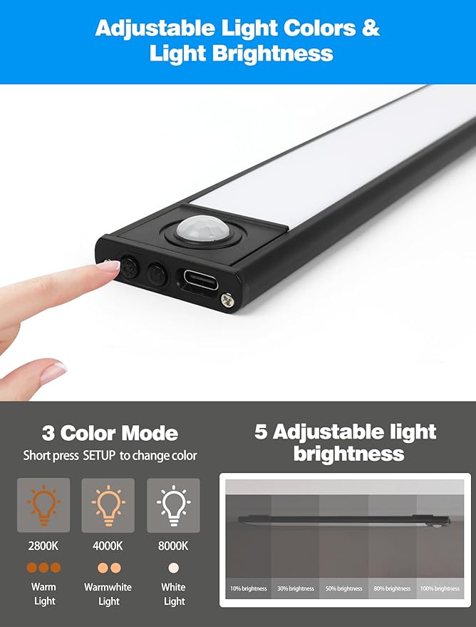FORTEMOTUS LED Motion Sensor Lights for Bed Rails, Indoor Under Cabinet Kitchen, Stairs, 3-Colors Dimmable, Magnetic Replacement or Extra Light for Bed Rails for Adults Elderly