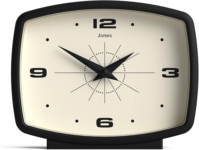 JONES CLOCKS® Film Desk Clock | Retro Rectangular Design | Black | Retro Design, Blending mid Century Style with a Punchy Modern Finish for Shelf, Table, Mantel or Bedside