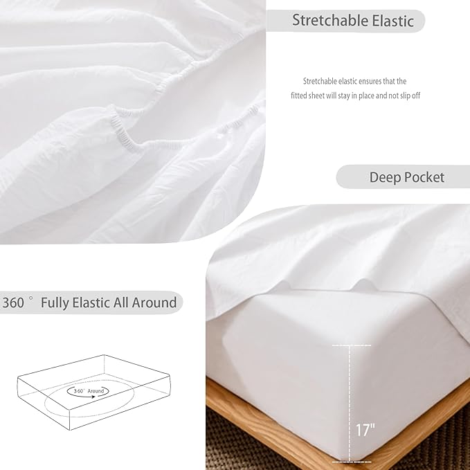 MooMee Fitted Bottom Sheet Only 100% Washed Cotton Linen Like Breathable Textured Durable Soft Comfy Deep Pocket Fits Mattress up to 17" (Bright White, King)