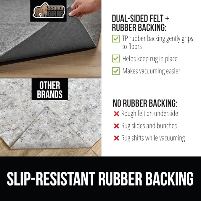 GORILLA GRIP Felt and Natural Rubber Stay in Place Slip Resistant Rug Pad, 1/8in Thick 2x10 FT Protective Padding for Under Area Rugs, Cushioned Gripper Pads, Carpet Runners Hardwood Floors Protection