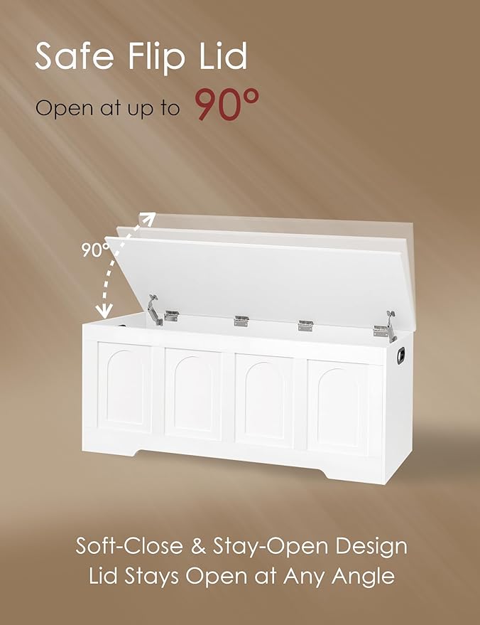 DINZI LVJ Storage Chest, 47.2" Rattan-Like Toy Box with 2 Safety Hinges, Wooden Entryway Storage Bench with Flip-Top, Large Trunk for Living Room, Bedroom, Easy Assembly, White