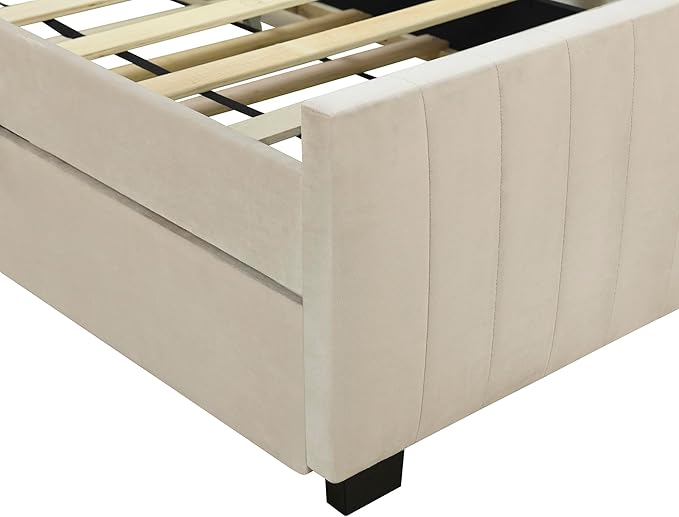 Twin Size Bed Frame with Trundle Bed,Velvet Upholstered Bed Frame,Twin Size Trundle Bed with Headboard,Upholstered Platform Bed Twin for Kids Teens Adults(Beige)
