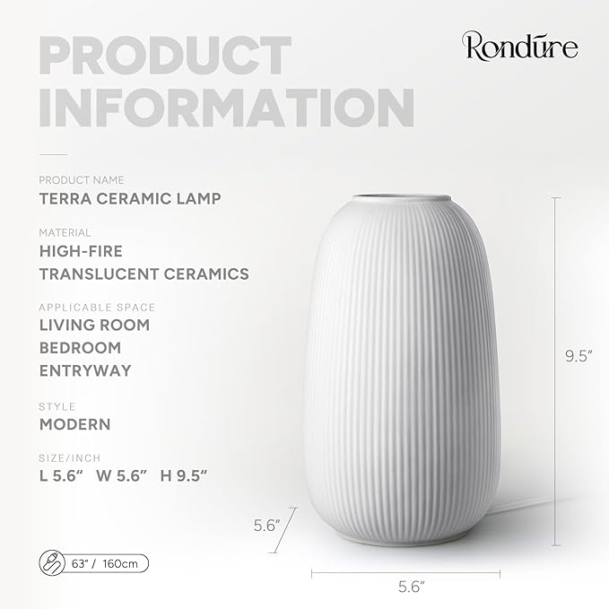 RONDURE 9.5" Modern Ceramic Table Lamp, Fully Dimmable Modern Bedside Lamps for Bedroom, Living Room and Nightstand, White Translucent Ceramic Shade, Warm Ambient Lighting, Corded, Bulb Included