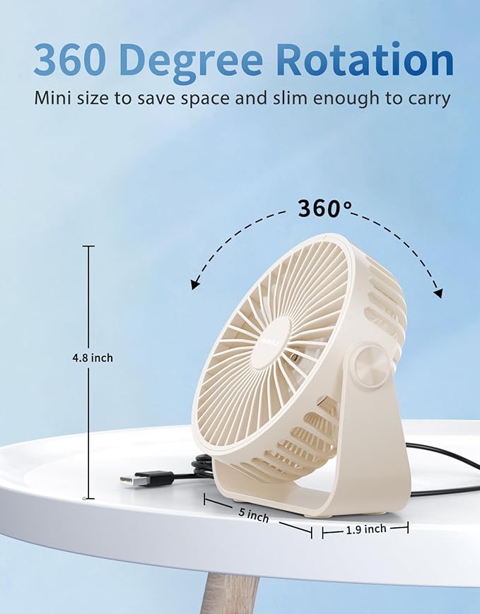 TriPole USB Desk Fan Portable Mini Fan Powerful 3 Speeds Wind Personal Desktop Fan with 360° Head Rotation for Home Office Car Indoor Outdoor Beige, No Battery, 4.5 Inches