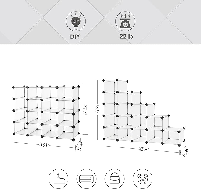 SONGMICS Shoe Rack with 16 Cubes, Interlocking Plastic Shoe Organizer, DIY Storage Cabinet for Closet Entryway Bedroom Garage, Space Saving Design, 12 x 35.1 x 27.2 Inches, Transparent ULPC445W02
