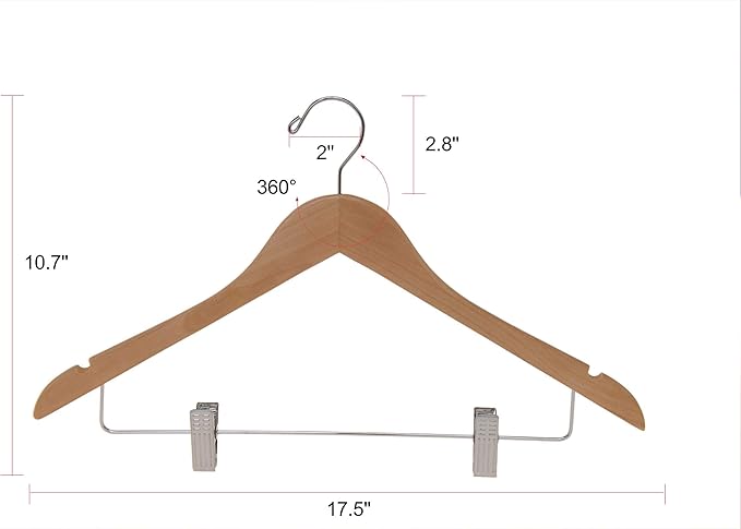 Quality Wooden Skirt Hangers with Clips, 20-Pack Semi Curved, Smooth Solid Wood Pants Hangers with Durable Adjustable Metal Clips, Swivel Hook, Coat, Jacket, Blouse Suit Hangers (Natural, 20)