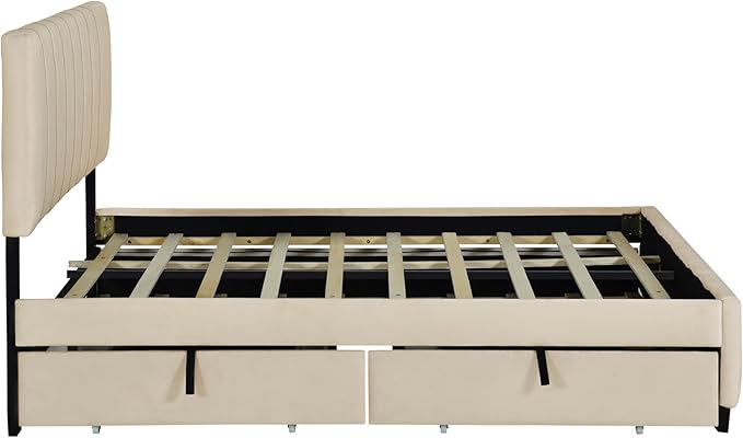 Queen Bed Frame with Trundle Bed,Velvet Upholstered Platform Bed Frame with Storage Drawers,Queen Size Trundle Bed with Headboard for Kids Teens Adults,Beige