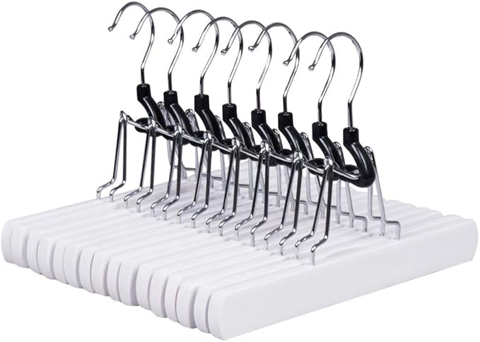 Amber Home 10 Pack White Wooden Pants Hangers, Wood Clamp Hangers with Non Slip Padded Velvet, Jeans/Slacks Hangers Hair Extension Hangers for Skirts, Trousers, Wigs (White, 10)