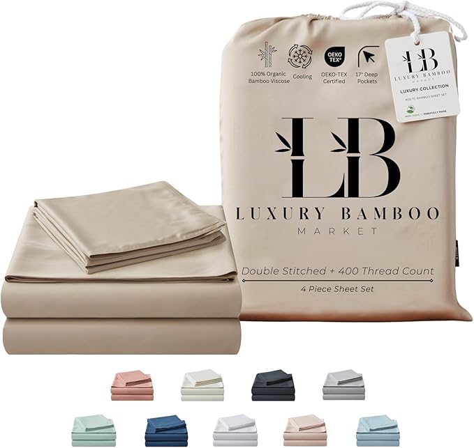 Split King Size Sheet Set | 2 Fitted Sheets for Sleep Number & Adjustable Beds | Organically Grown | Ultra Soft & Cooling |100% Viscose | 17" Deep Pocket [Dune]