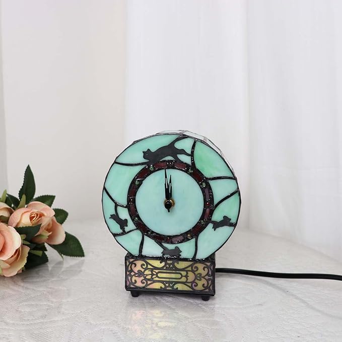 Bieye L10970 Cat and Mouse Tiffany Style Stained Glass Desk Clock Table Lamp for Home Decor (Green)