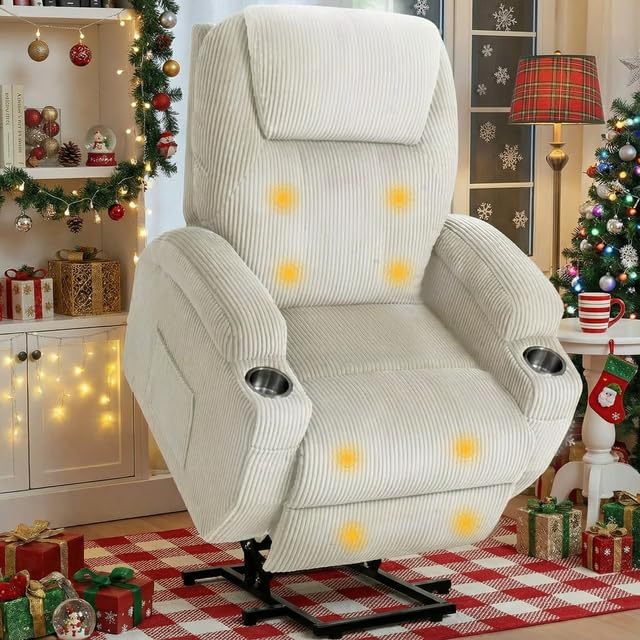 Furmax Electric Power Lift Recliner Chair with Massage for Elderly Corduroy Fabric Recliner Single Sofa with Cup Holders, Side Pockets and Remote Control for Living Room Bedroom (White)