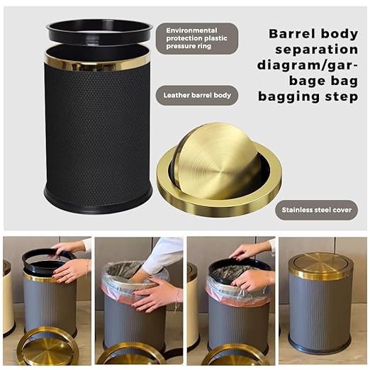 2.4 Gallon Bathroom Trash Can with Lid, Pu Leather Modern Garbage Can, Round Decorative Waste Basket, for Near Desk, Powder, Bedroom, Hotel, Office, Home (9L-Checked Black)