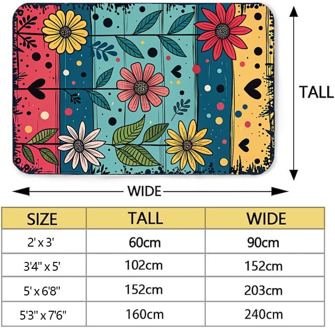 Machine Washable 2' x 3' Folk Art Print Style Area Rug, Flowers Floor mat, Suitable for bedrooms, Girls' Room Bedside, Living Room, Dining Room, Office, Non-Slip Low-Pile Retro, Fashionable Carpet